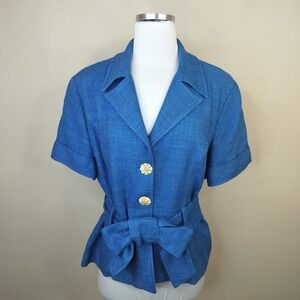 Suite 7 Silk Blazer Jacket Size 16 Belted Short Sleeve Blue Woven